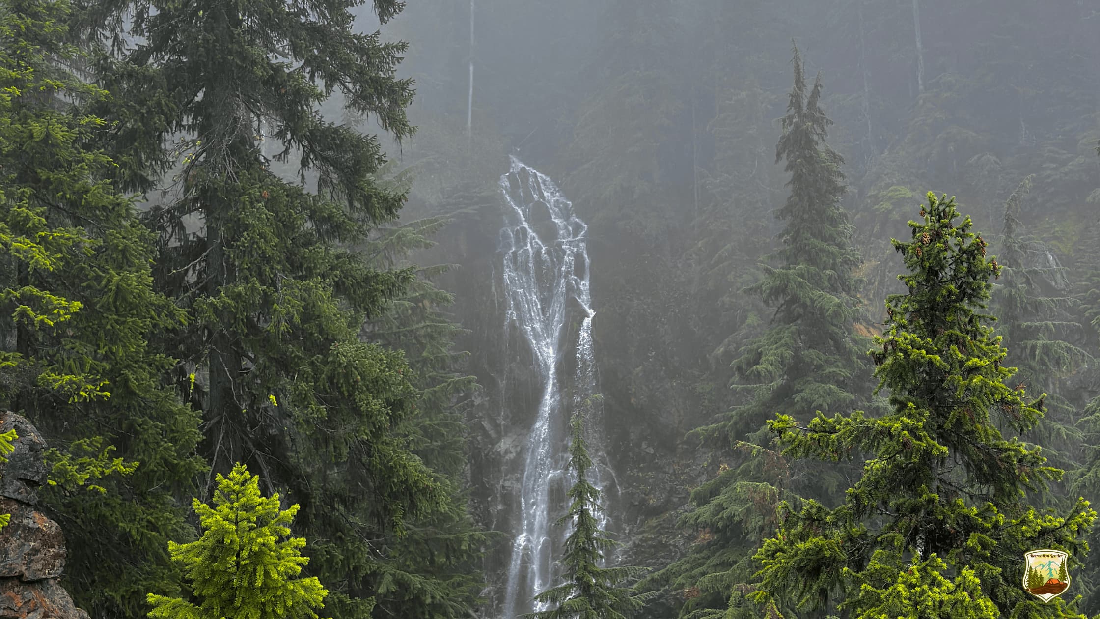 Misty waterfall cascading through dense evergreen forest, ideal for hiking and nature photography.