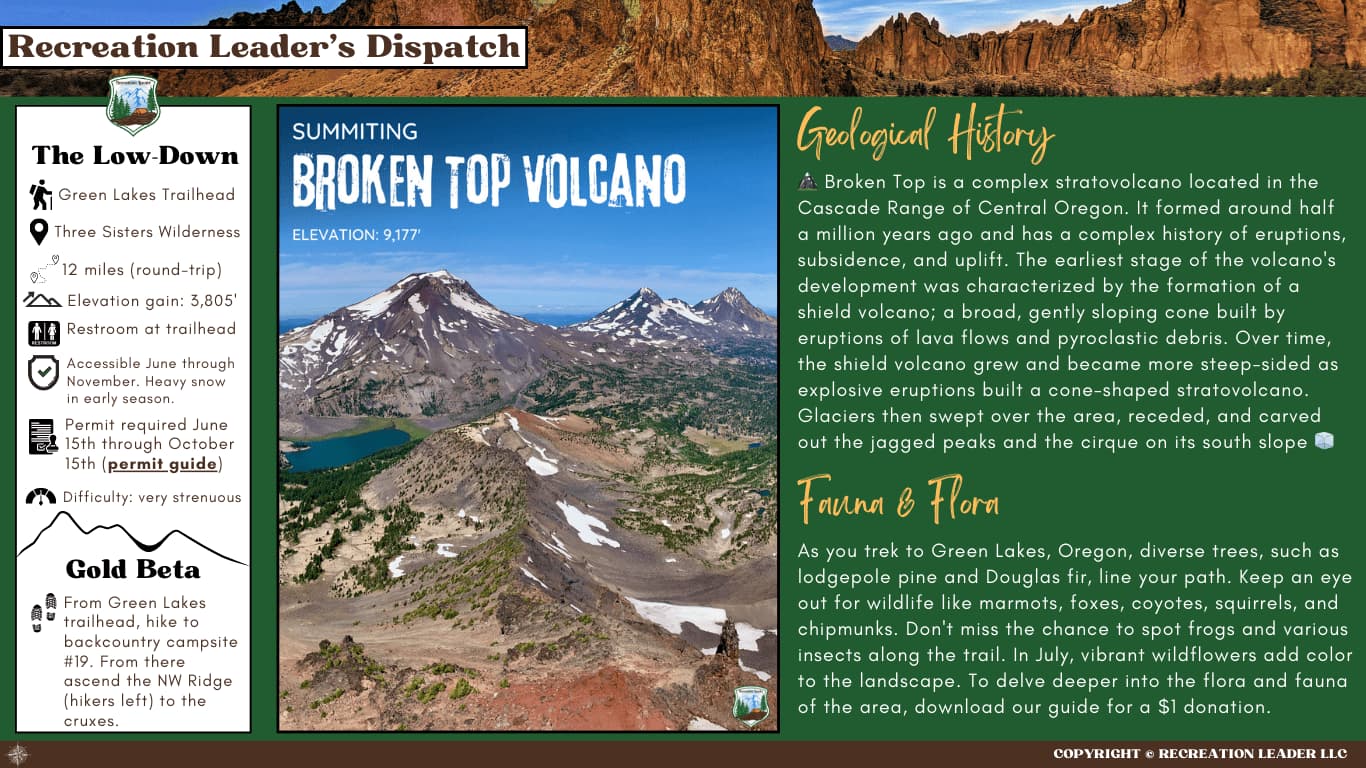 Guide to summiting Broken Top Volcano in Oregon's Three Sisters Wilderness with trail details and geology info.