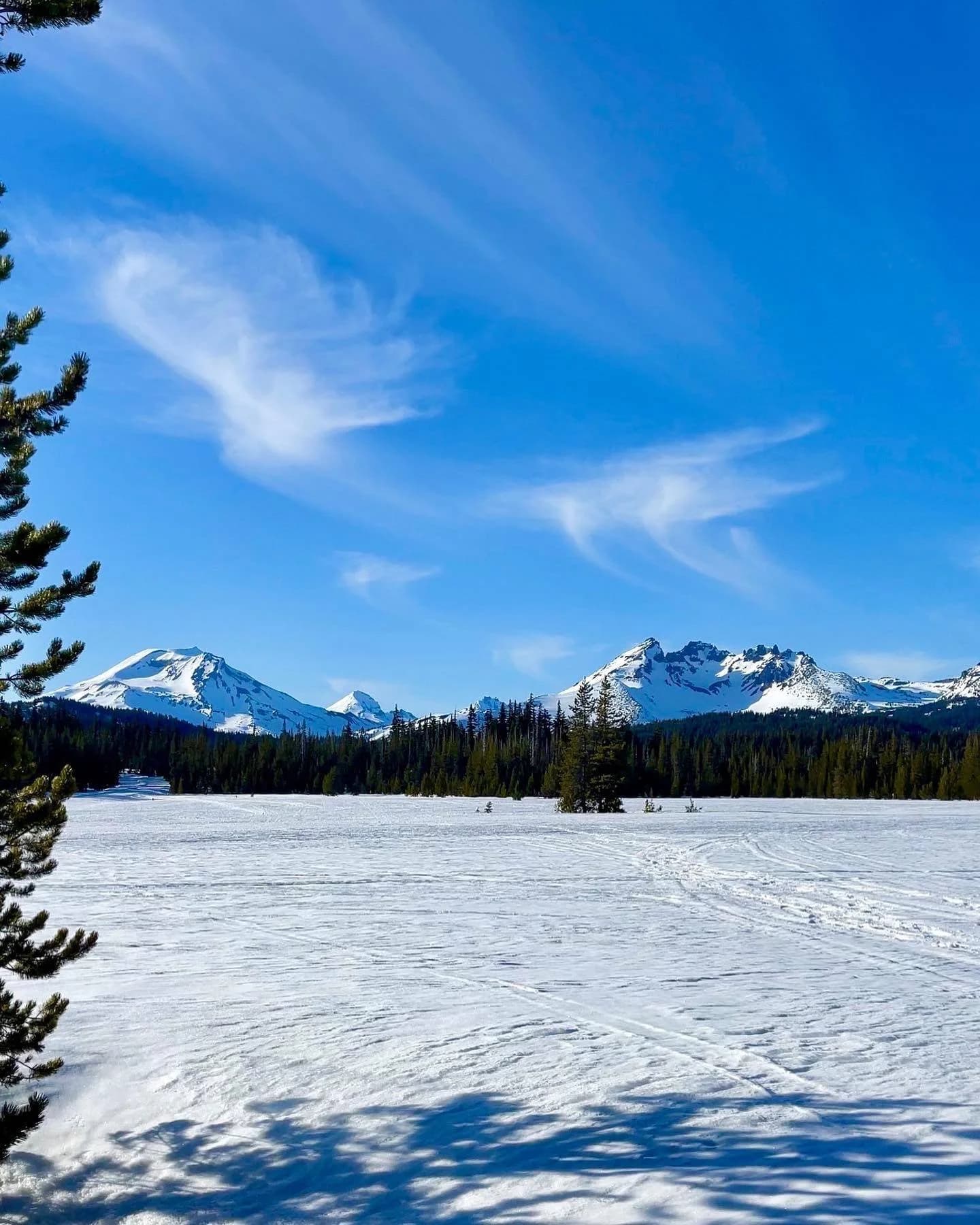 Snowy lake with mountain peaks under blue sky, pine trees framing view.