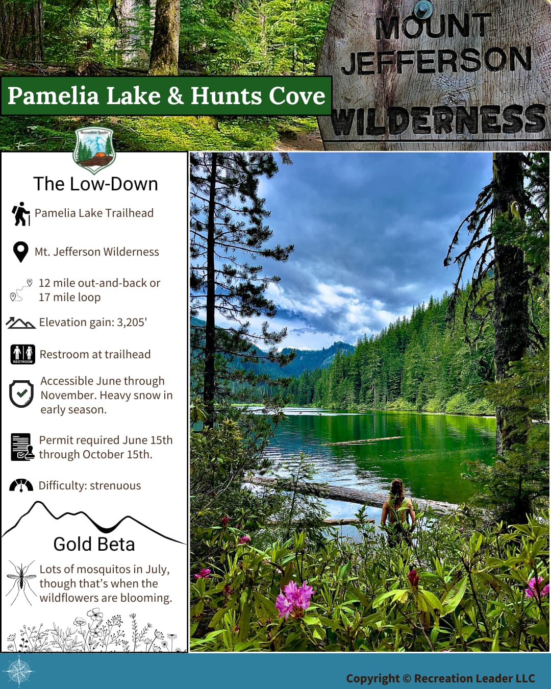 Hiking trail info for Pamelia Lake & Hunts Cove in Mt. Jefferson Wilderness with scenic lake photo.
