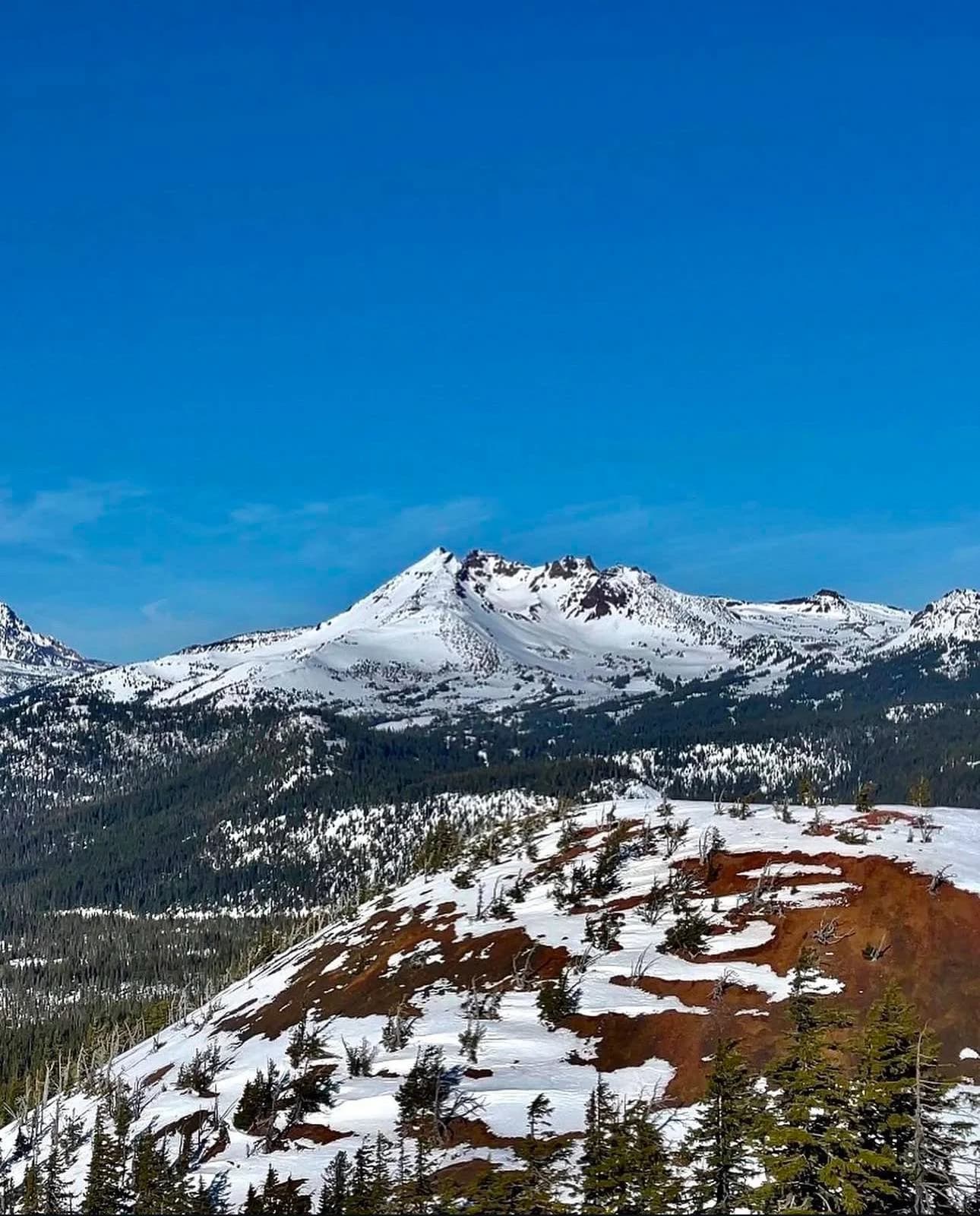 Snowy mountain peaks under blue sky with forested slopes and trail views
