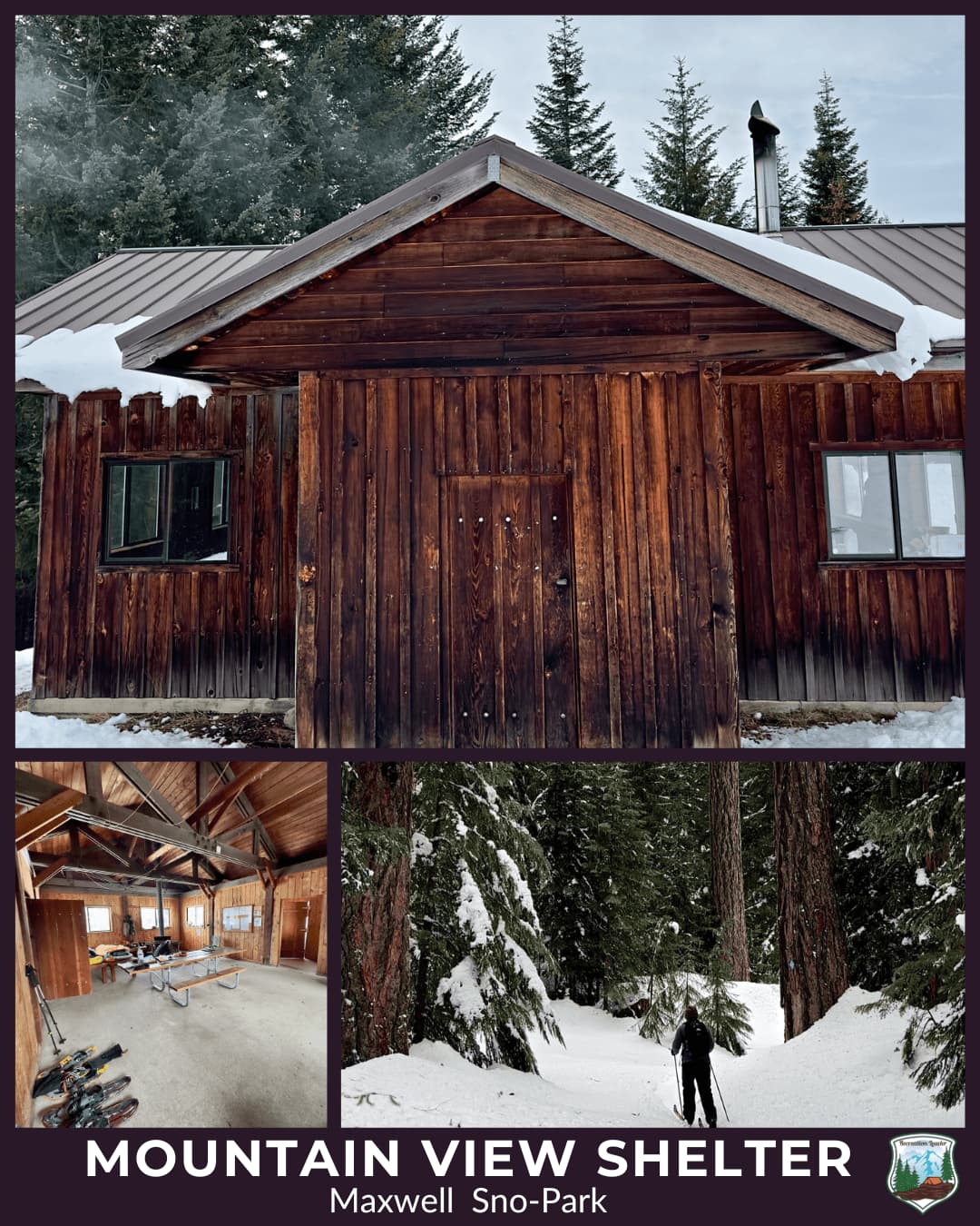 Mountain View Shelter exterior and interior with snowy forest and skier at Maxwell Sno-Park