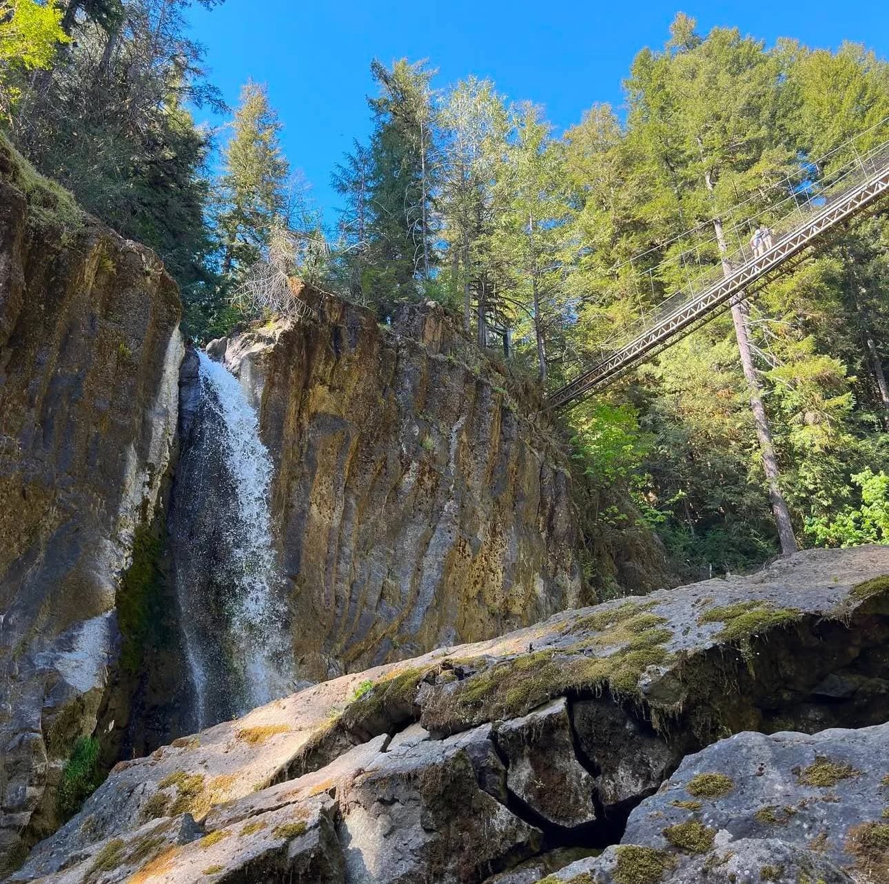 Waterfall cascading over mossy rocks with a suspension bridge above, surrounded by forest.